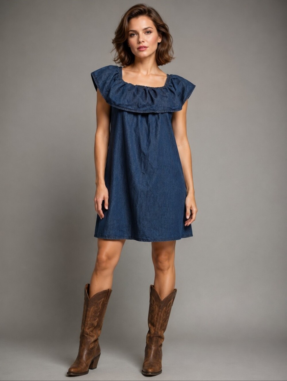 100% Cotton Denim Dress | Elasticized Ruffle Neckline | Flared Sleeve